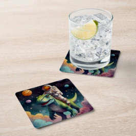 Posavasos Cuadrado De Papel Astronauta sobre Dino en el espacio