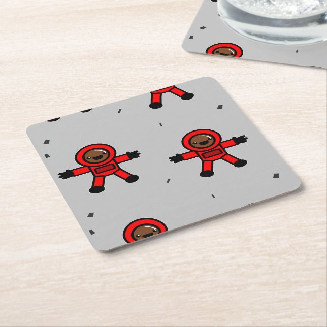 Posavasos Cuadrado De Papel Astronautas rojos sobre gris (En perspectiva)