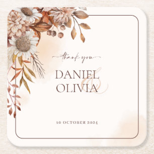 Posavasos Cuadrado De Papel Ataques de papel de bodas de otoño con flores rust