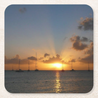Posavasos Cuadrado De Papel Atardecer con veleros paisaje tropical foto