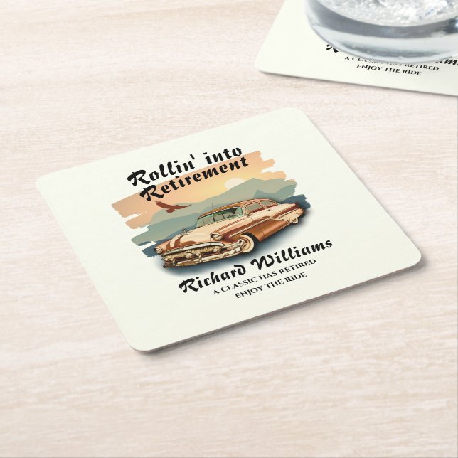 Posavasos Cuadrado De Papel Atardecer de desierto clásico de coches de retiro  (En perspectiva)