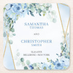 Posavasos Cuadrado De Papel Atardecer de oro de Dusty Blue Floral floral<br><div class="desc">La decoración es más boda, con flores azules polvorientas y románticas, eucalipto y purpurina dorado. La combinación de tonos azules suaves, la vegetación exuberante y los toques dorados resplandecientes crea un ambiente de ensueño y elegancia. Estas galerías pueden añadir un toque de sofisticación a las mesas de recepción, lo que...</div>