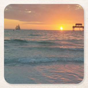Posavasos Cuadrado De Papel Atardecer en Clearwater Beach Magnet