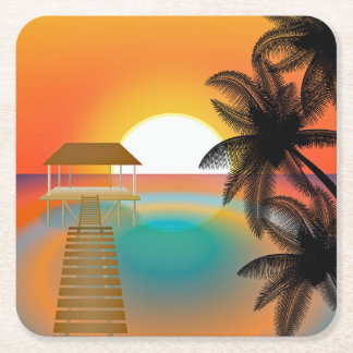 Posavasos Cuadrado De Papel Atardecer en la playa con palmeras