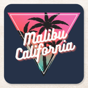 Posavasos Cuadrado De Papel Atardecer Neón Retro Palmeras Malibú California