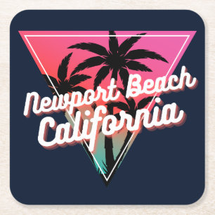 Posavasos Cuadrado De Papel Atardecer Neon Retro Palmeras Newport Beach