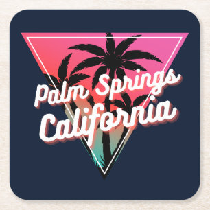 Posavasos Cuadrado De Papel Atardecer Neón Retro Palmeras Palm Springs