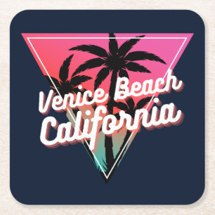 Posavasos Cuadrado De Papel Atardecer Neon Retro Palmeras Venice Beach