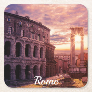Posavasos Cuadrado De Papel Atardecer sobre el Coliseo de Roma