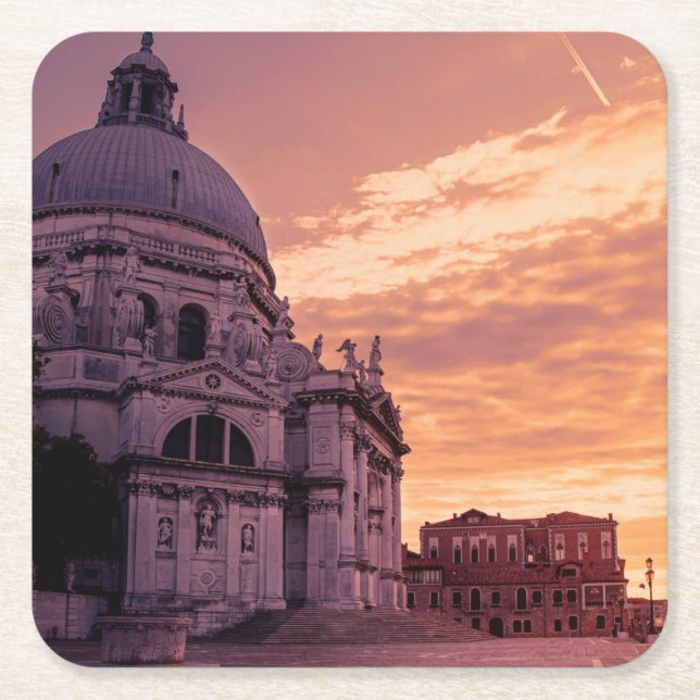 Posavasos Cuadrado De Papel Atardecer sobre la Basílica de Venecia (Anverso)