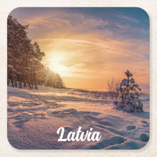 Posavasos Cuadrado De Papel Atardecer sobre la nevada costa del mar de inviern