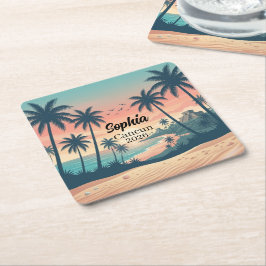 Posavasos Cuadrado De Papel Atardecer Tropical en Cancun Vintage 2026