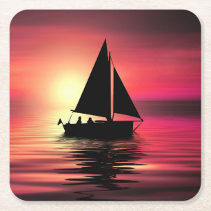 Posavasos Cuadrado De Papel Atardecer, velero en el mar-39186