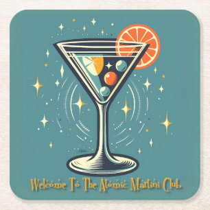 Posavasos Cuadrado De Papel Atomic Martini Club Cóctel Retro Futurista