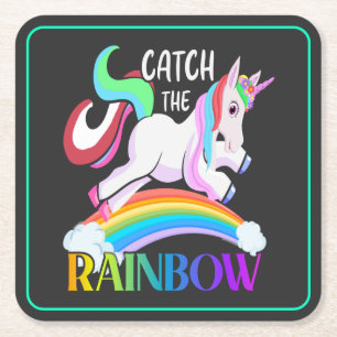 Posavasos Cuadrado De Papel Atrapa el diseño de Unicornio de Arcoíris