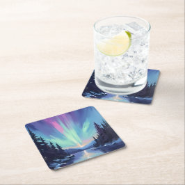 Posavasos Cuadrado De Papel Aurora boreal | Acuarela de luces del norte