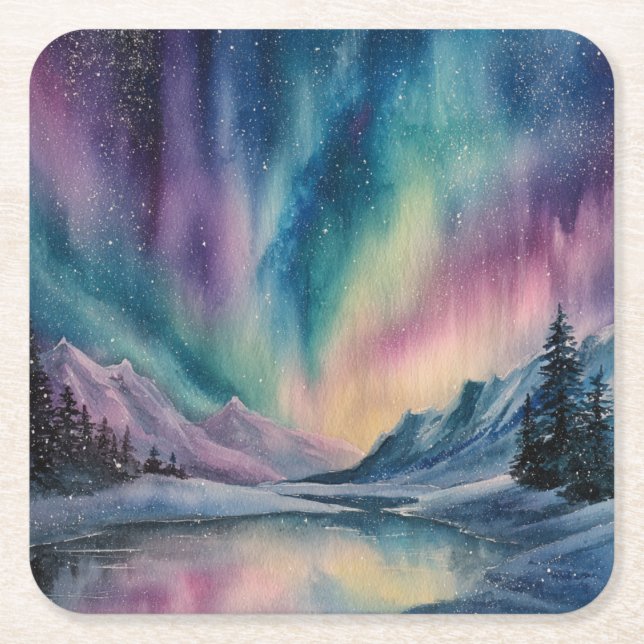 Posavasos Cuadrado De Papel Aurora Borealis (Anverso)