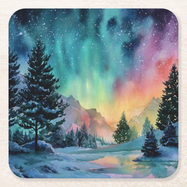 Posavasos Cuadrado De Papel Aurora Borealis (Anverso)
