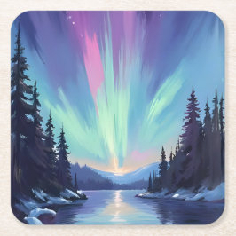 Posavasos Cuadrado De Papel Aurora Borealis | Northern Lights Watercolor