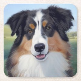 Posavasos Cuadrado De Papel Australian Shepherd Portrait  - 