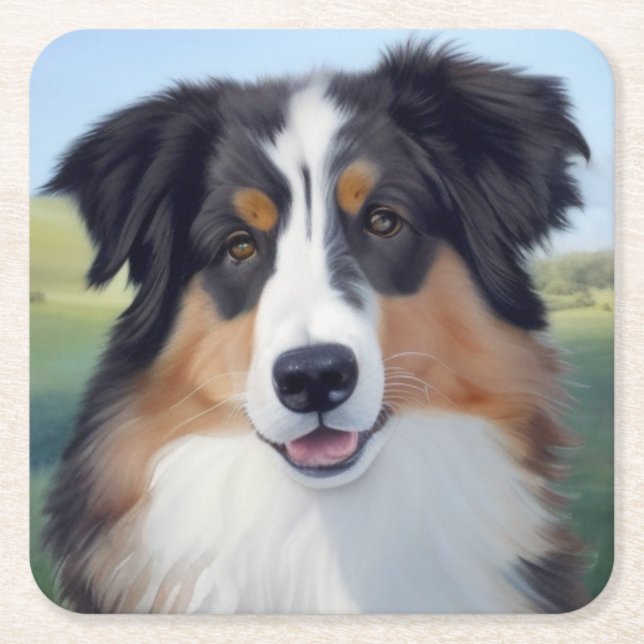 Posavasos Cuadrado De Papel Australian Shepherd Portrait  -  (Anverso)