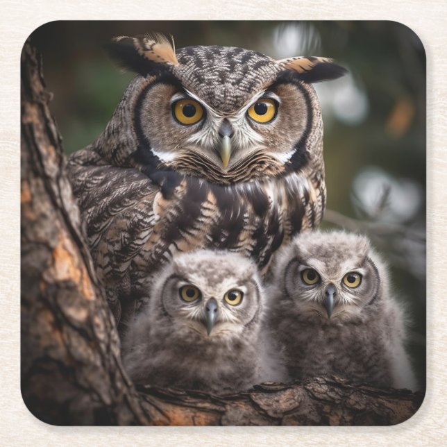 Posavasos Cuadrado De Papel Autobús de papel cuadrado de la familia Owl (Anverso)