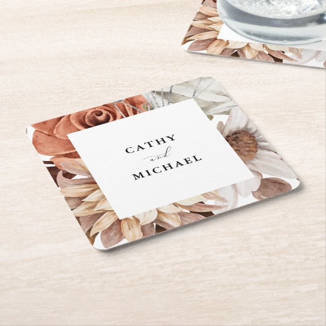 Posavasos Cuadrado De Papel Autum Rustic Floral, Framed Fall Wedding (En perspectiva)
