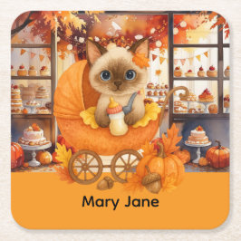 Posavasos Cuadrado De Papel Autumn Baby Shower para los amantes del gato