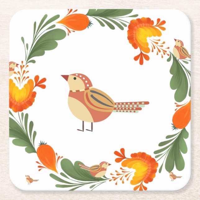 Posavasos Cuadrado De Papel Autumn Bird Folk Art (Anverso)