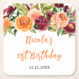 Posavasos Cuadrado De Papel Autumn Burgundy and Orange Floral Birthday