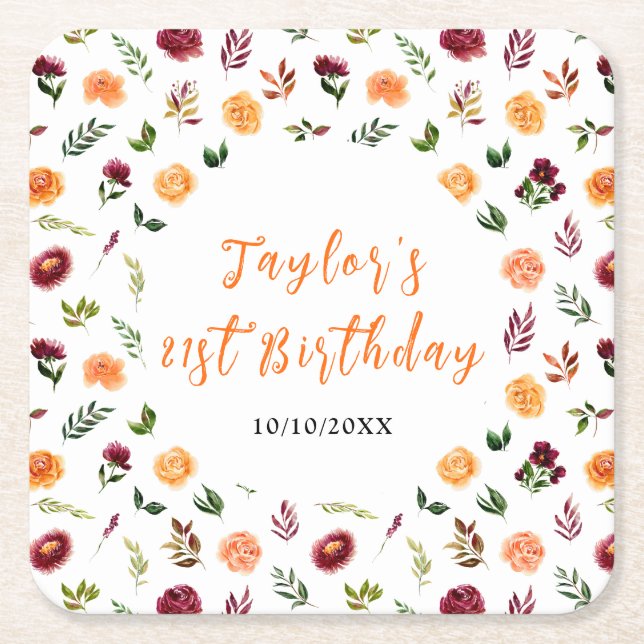 Posavasos Cuadrado De Papel Autumn Burgundy and Orange Floral Birthday (Anverso)