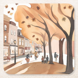 Posavasos Cuadrado De Papel Autumn City Park | Fall Foliage Watercolor