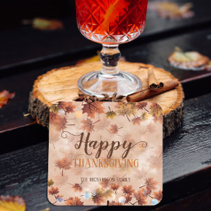 Posavasos Cuadrado De Papel Autumn Fall Brown Leaves Happy Thanksgiving
