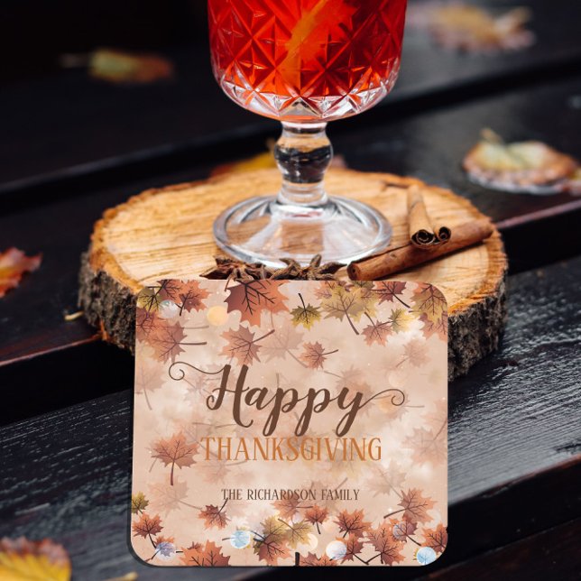 Posavasos Cuadrado De Papel Autumn Fall Brown Leaves Happy Thanksgiving (Subido por el creador)
