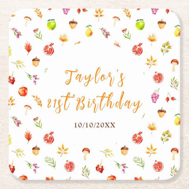 Posavasos Cuadrado De Papel Autumn Fall Harvest Birthday Party (Anverso)
