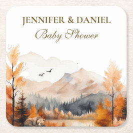 Posavasos Cuadrado De Papel Autumn Mountain Woodland Watercolor Bear Shower