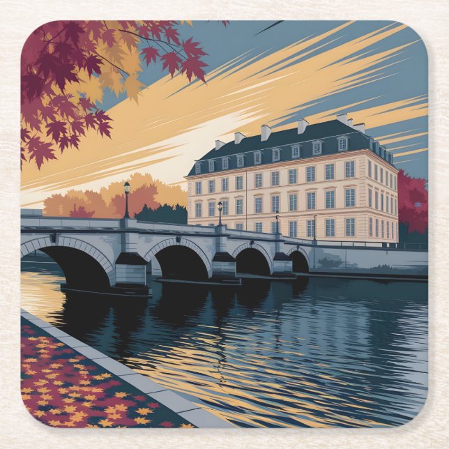 Posavasos Cuadrado De Papel Autumn Riverside European City Illustration Art (Anverso)