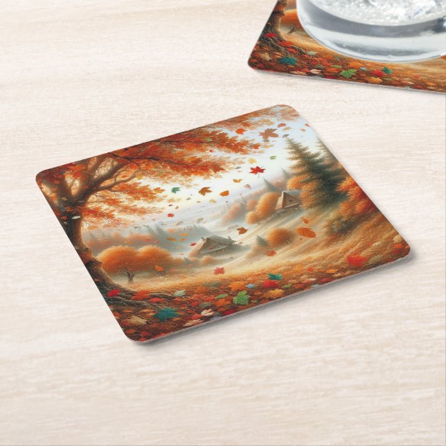 Posavasos Cuadrado De Papel Autumn Scene Coasters (En perspectiva)