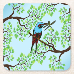 Posavasos Cuadrado De Papel Ave azul en árboles