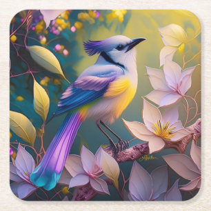 Posavasos Cuadrado De Papel Ave Fantasía Amarilla Violeta Tufted