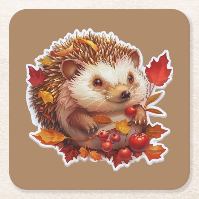 Posavasos Cuadrado De Papel Aventura de Hedgehog de otoño (Anverso)