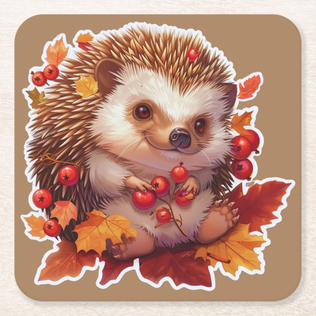 Posavasos Cuadrado De Papel Aventura de Hedgehog de otoño (Anverso)