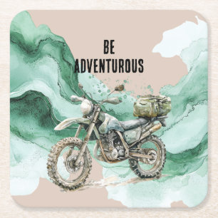 Posavasos Cuadrado De Papel Aventura en motocicleta verde crema