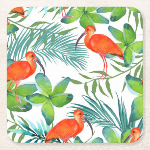 Posavasos Cuadrado De Papel Aves acuarelas: patrón vintage sin costuras.