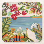 Posavasos Cuadrado De Papel Aves en el jardín<br><div class="desc">Aves en el Jardín II de Karen Fields. Cuenta con un pájaro rodeado de flores de colores y vegetación.</div>