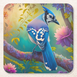 Posavasos Cuadrado De Papel Aves fantásticas Jay azul