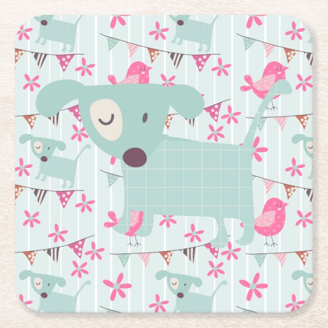 Posavasos Cuadrado De Papel Aves, perros, carteles, flores (Anverso)