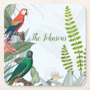 Posavasos Cuadrado De Papel Aves tropicales loros y follaje