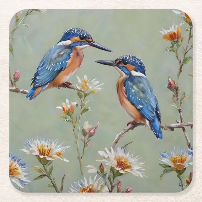 Posavasos Cuadrado De Papel Aves y Flores Aceite Pintado De Reyes Australianos (Anverso)