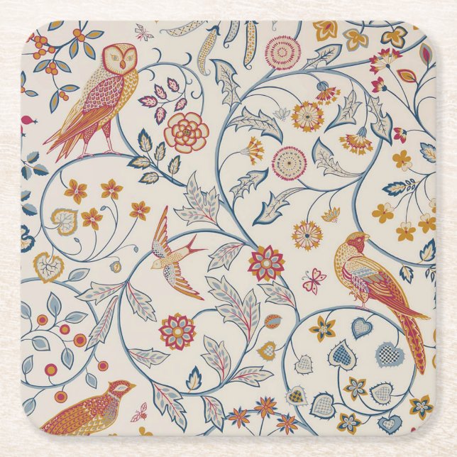 Posavasos Cuadrado De Papel Aves y flores, William Morris (Anverso)